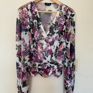 Bebe Cropped Floral Mesh wrap long sleeve blouse, Size L